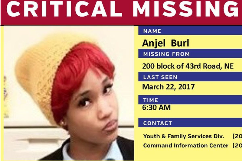 A “Critical Missing” news release was issued for 16-year-old Anjel Burl by Washington, D.C.’s Metropolitan Police Department. (Metropolitan Police Department/Twitter)
